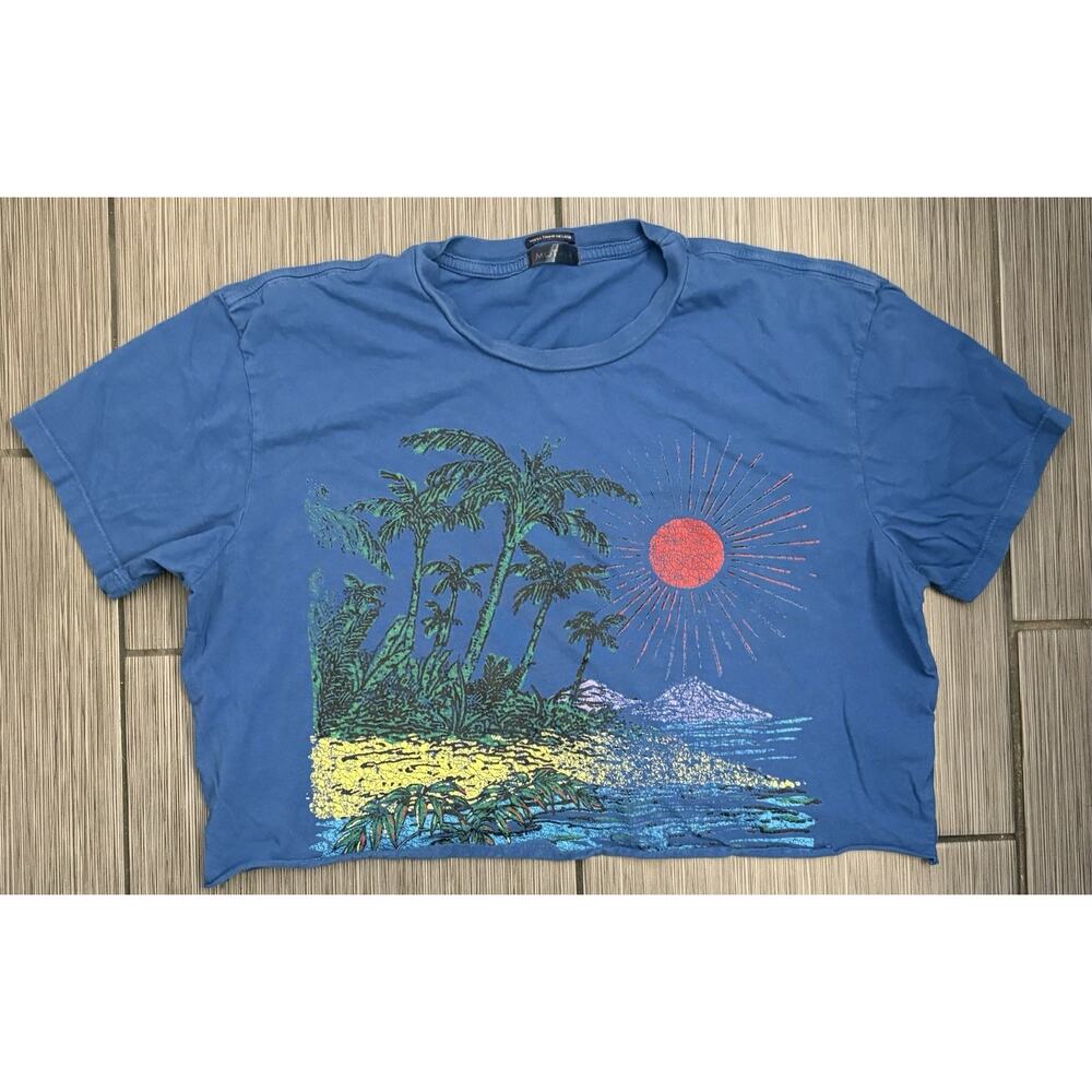 Mother The Slouch Cutoff T-shirt Blue Tropical Scene Size Small Supima Cotton